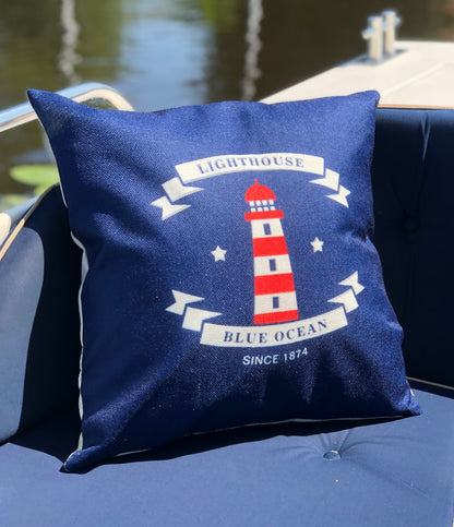 Bootkussen - Rode vuurtoren - 45x45 - royal blauw